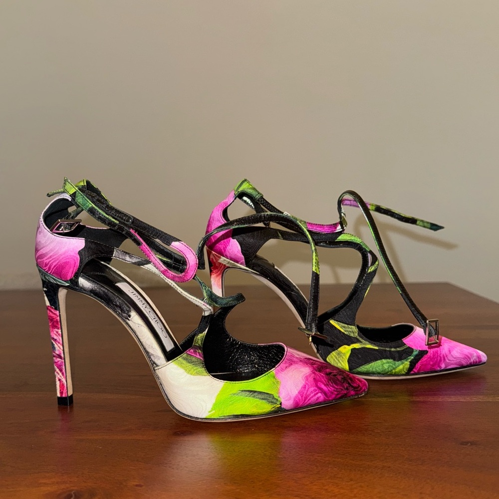 Jimmy Choo Black and Pink Floral Heels